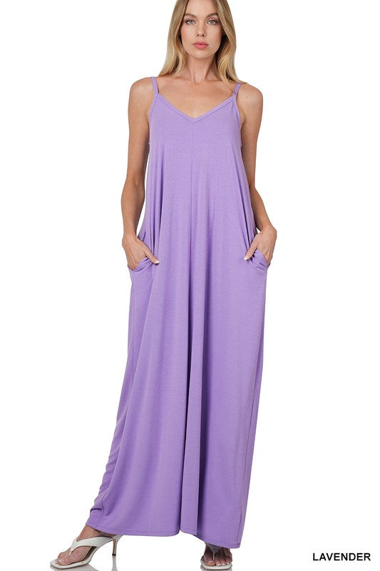 V-NECK CAMI MAXI DRESS WITH SIDE POCKETS