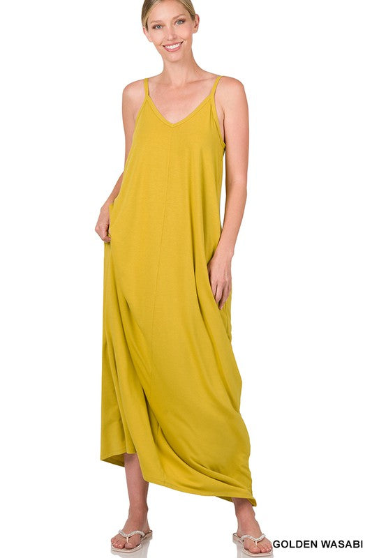 V-NECK CAMI MAXI DRESS WITH SIDE POCKETS