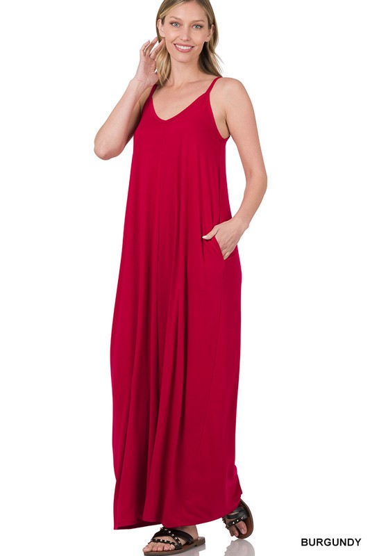 V-NECK CAMI MAXI DRESS WITH SIDE POCKETS