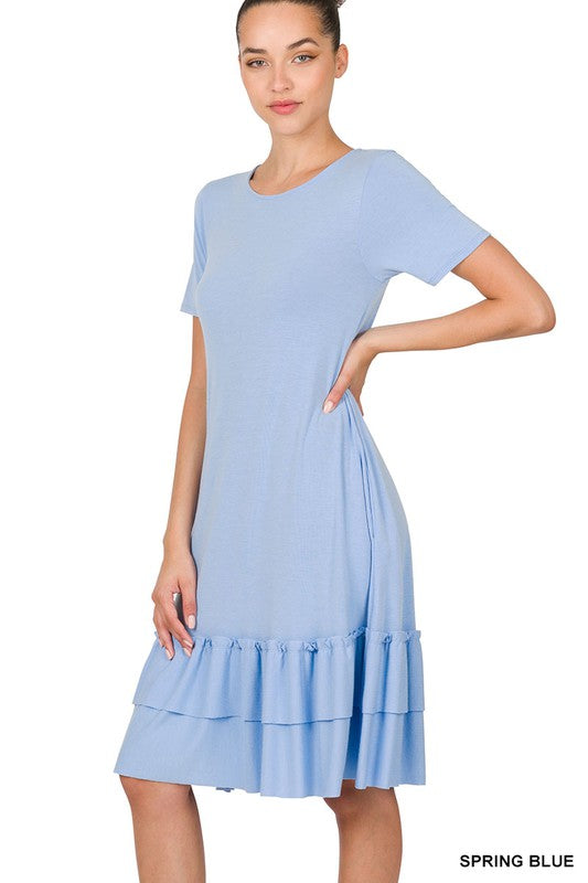 SHORT SLEEVE ROUND NECK RUFFLE HEM DRESS