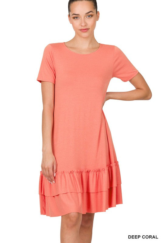 SHORT SLEEVE ROUND NECK RUFFLE HEM DRESS