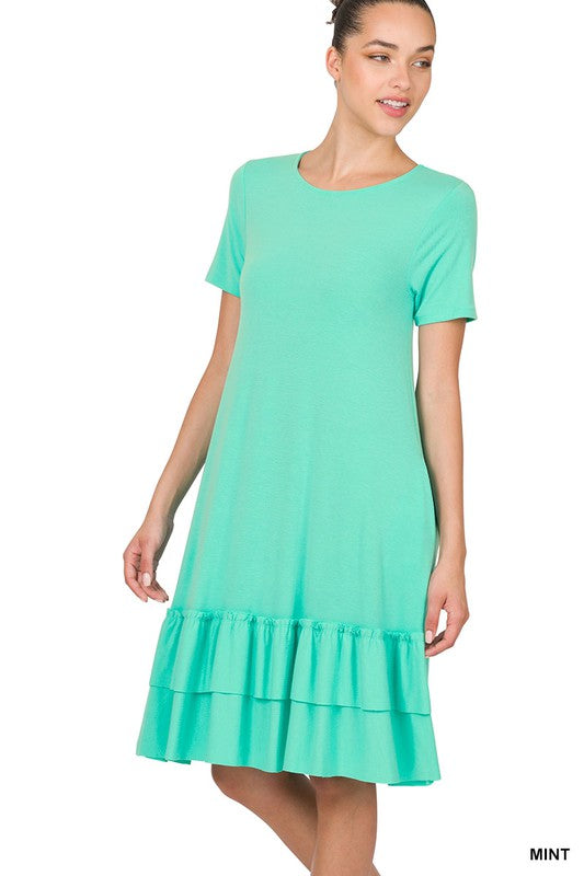 SHORT SLEEVE ROUND NECK RUFFLE HEM DRESS