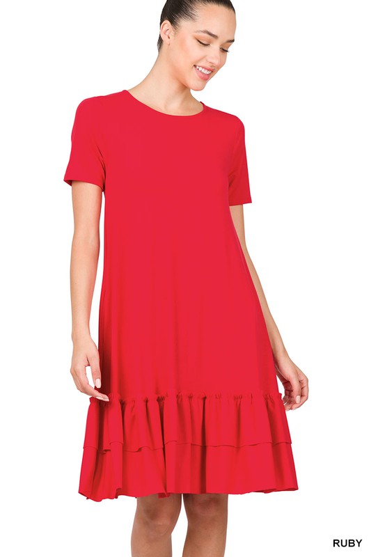 SHORT SLEEVE ROUND NECK RUFFLE HEM DRESS