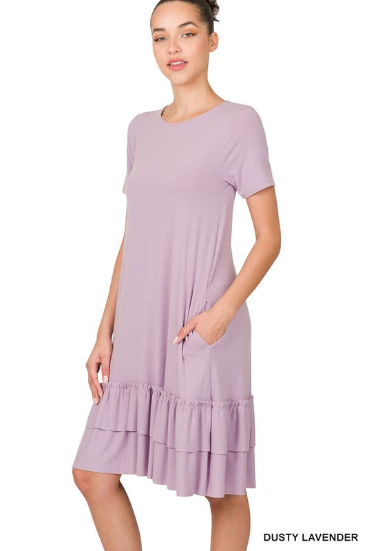 SHORT SLEEVE ROUND NECK RUFFLE HEM DRESS