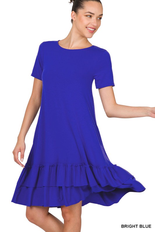 SHORT SLEEVE ROUND NECK RUFFLE HEM DRESS