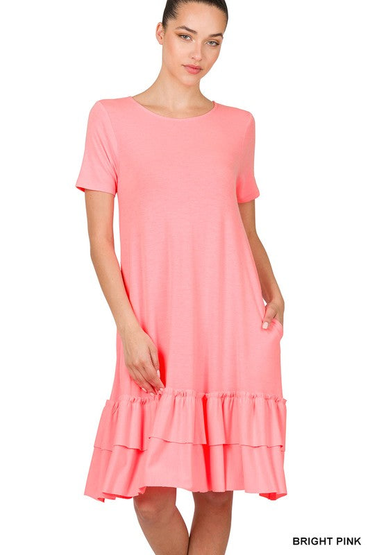 SHORT SLEEVE ROUND NECK RUFFLE HEM DRESS