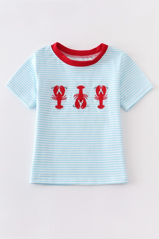 Blue lobster embroidery stripe boy top