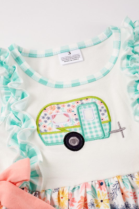 Green camper applique ruffle pocket dress