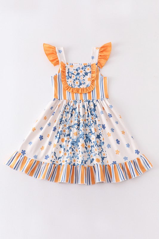 Orange floral print ruffle dress