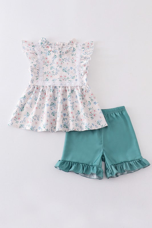 Green floral ruffle girl set