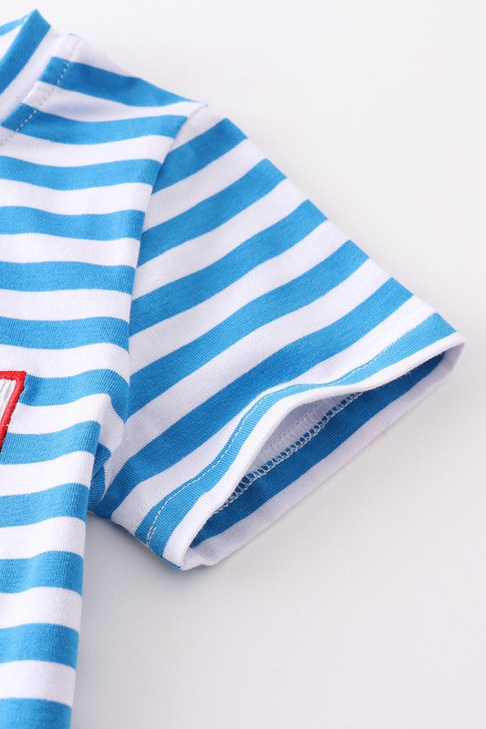 Blue stripe sailing boat applique boy set