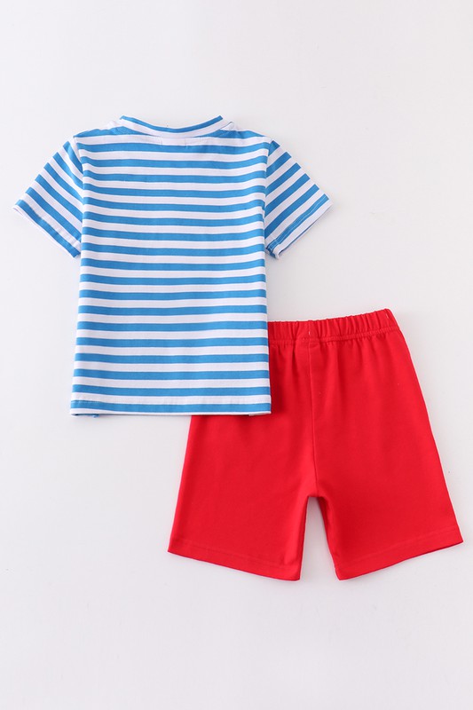 Blue stripe sailing boat applique boy set