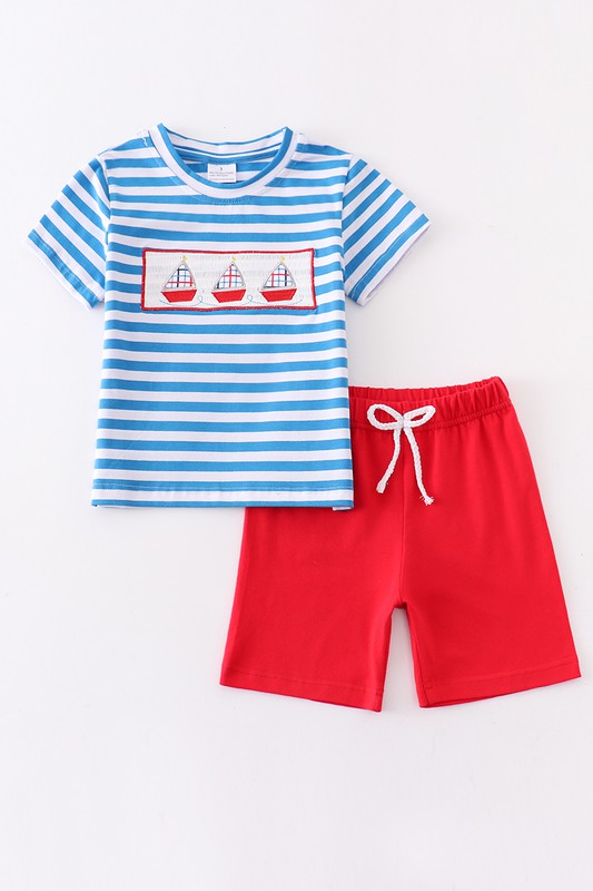 Blue stripe sailing boat applique boy set