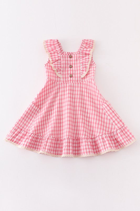 Red plaid ruffle button dress