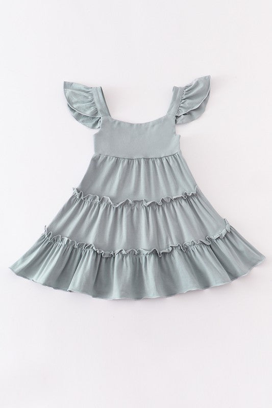 Sage flutter trim tiered dress