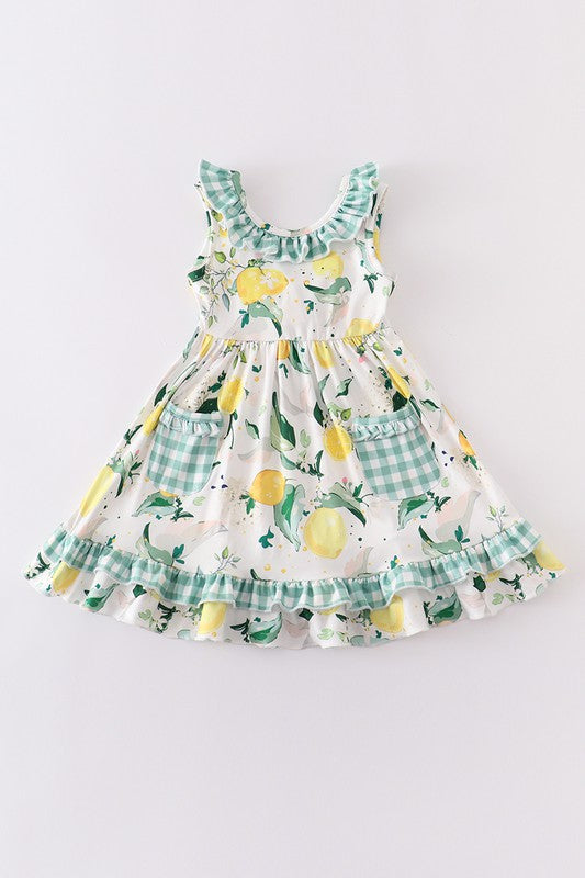 Green plaid lemon print pocket dress