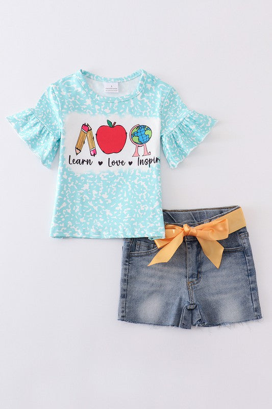 Blue back to school denim short girl set