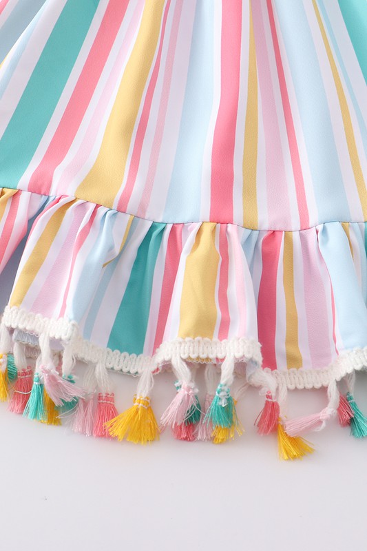 Multicolored stripe tassel smocked dress