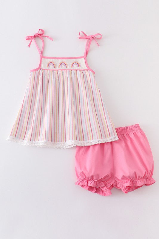 Pink  rainbow embroidery stripe girl set