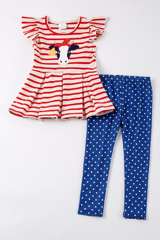 Red stripe cattle applique ruffle girl set