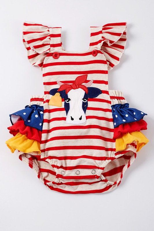 Red stripe cattle applique ruffle girl romper