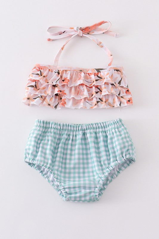 Coral floral print ruffle girl swimsuit