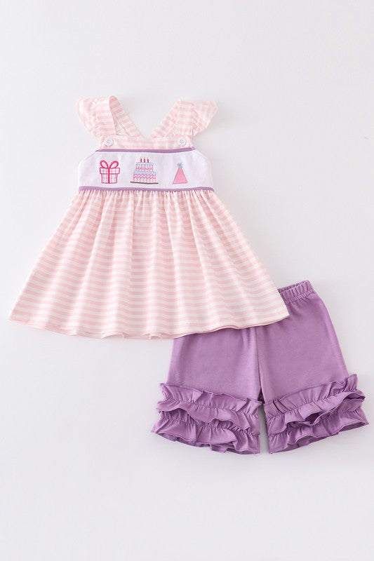 Birthday cake embroidery ruffle girl set