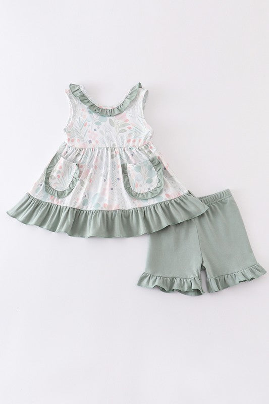 Green floral print pocket ruffle girl set