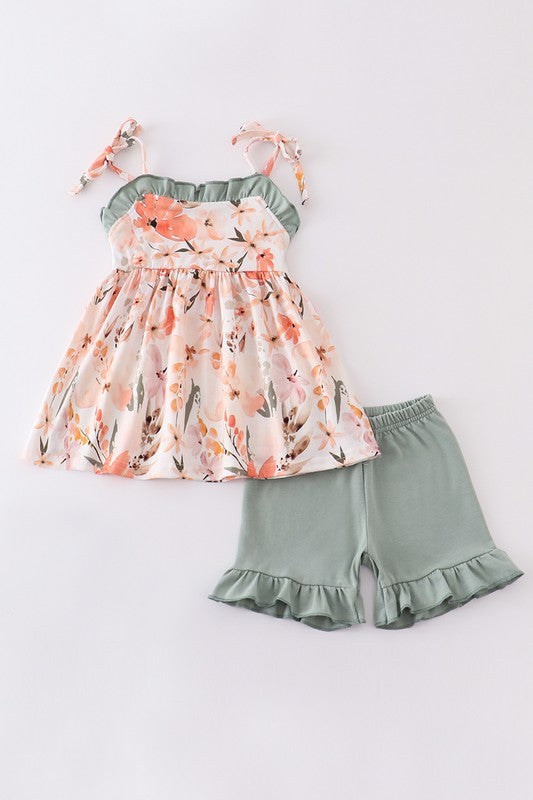 Coral floral print strap girl set