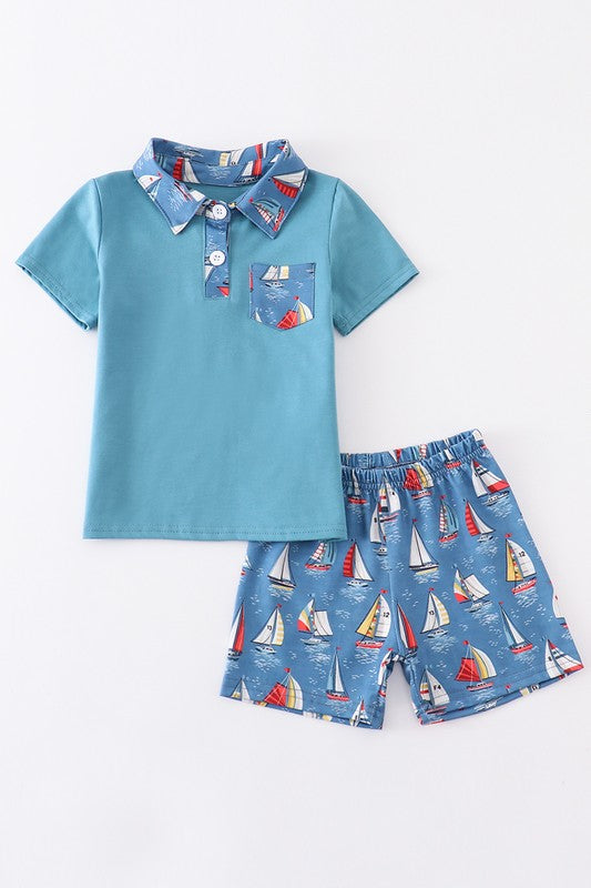 Navy sailboat print pocket boy set