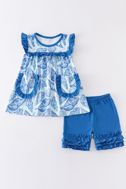 Blue marine creature print ruffle girl set