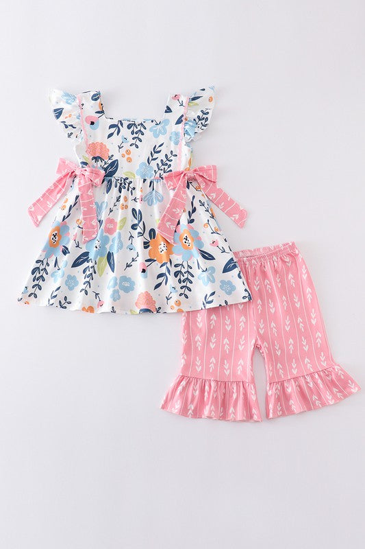 Pink floral print ruffle girl set