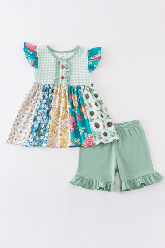 Green floral print ruffle girl set