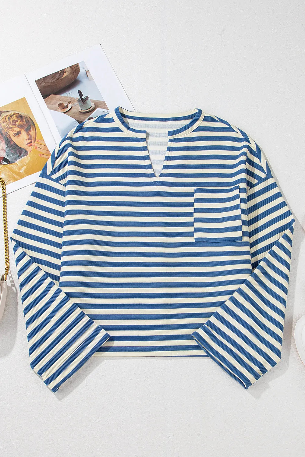 Striped Notched Long Sleeve Top