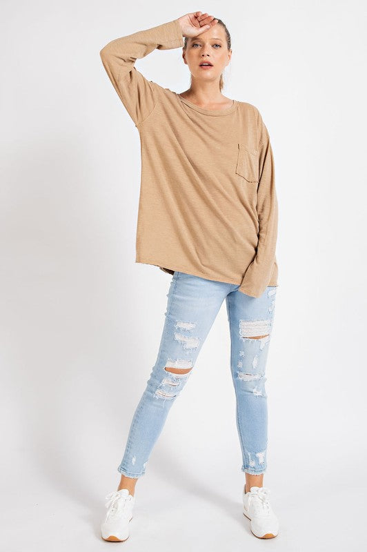 MINERAL WASHED ROUND NECKLINE LONG SLEEVES TOP