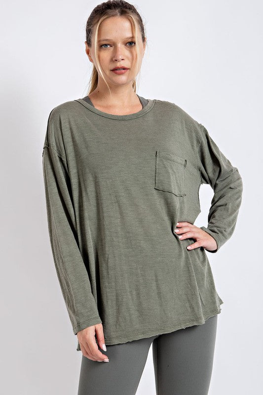 MINERAL WASHED ROUND NECKLINE LONG SLEEVES TOP