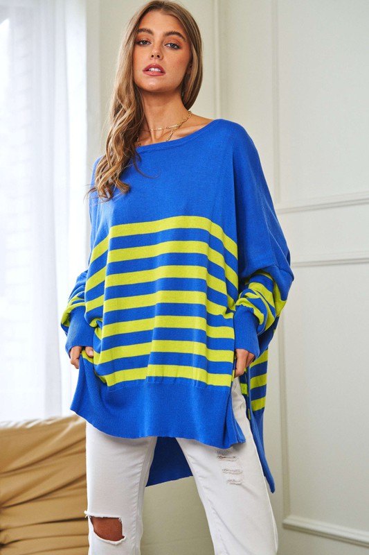 Multi Striped Elbow Patch Loose Fit Sweater Top