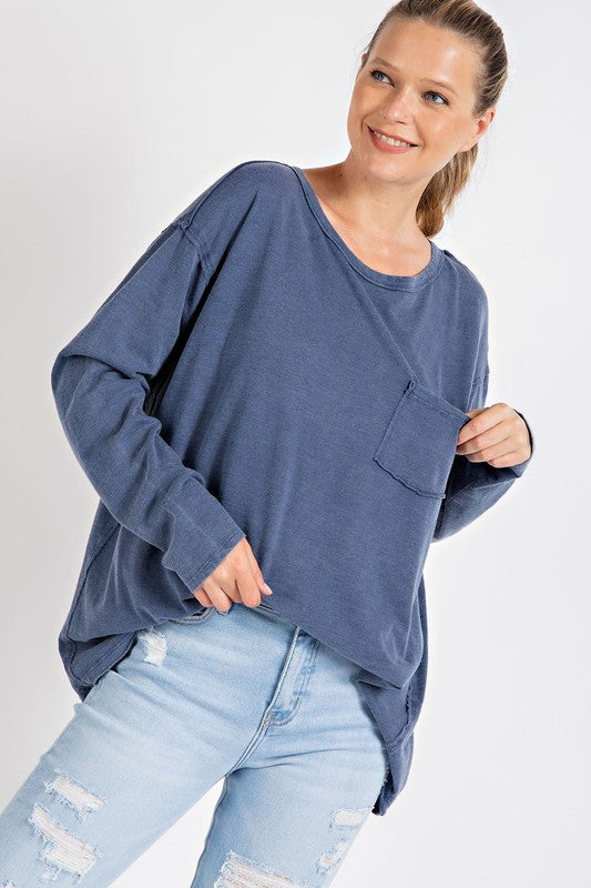 MINERAL WASHED ROUND NECKLINE LONG SLEEVES TOP