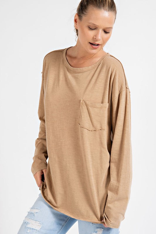 MINERAL WASHED ROUND NECKLINE LONG SLEEVES TOP