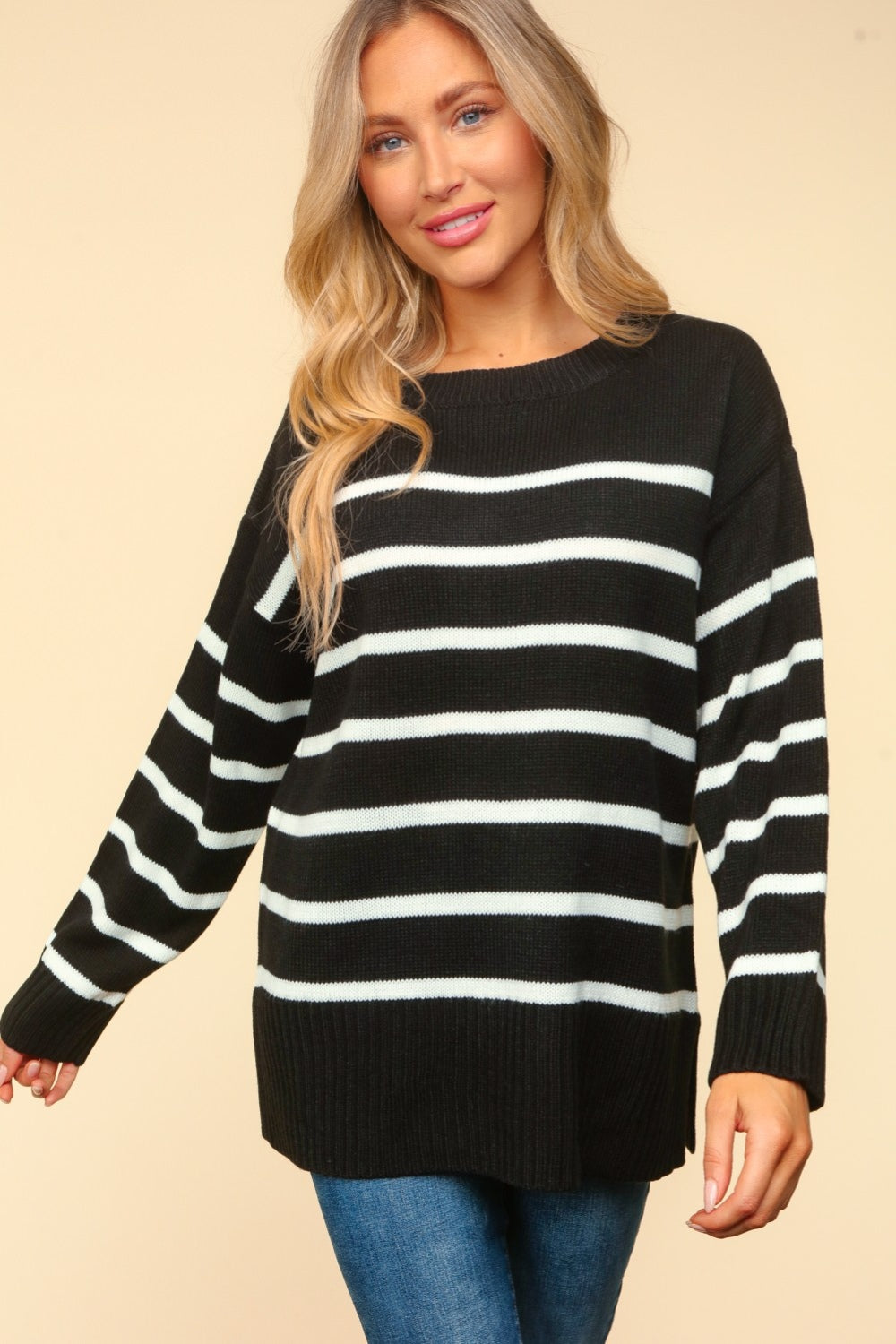 Haptics Full Size Striped Contrast Side Slit Sweater