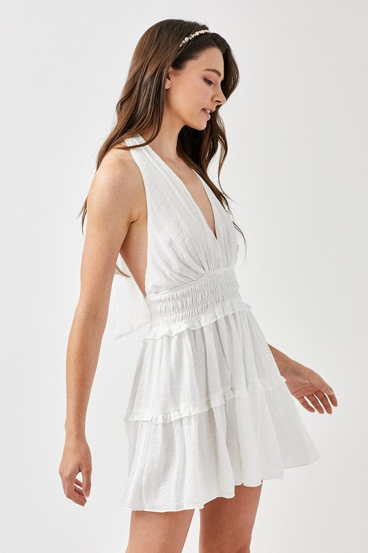 HALTER NECK SMOCKED RUFFLE DRESS