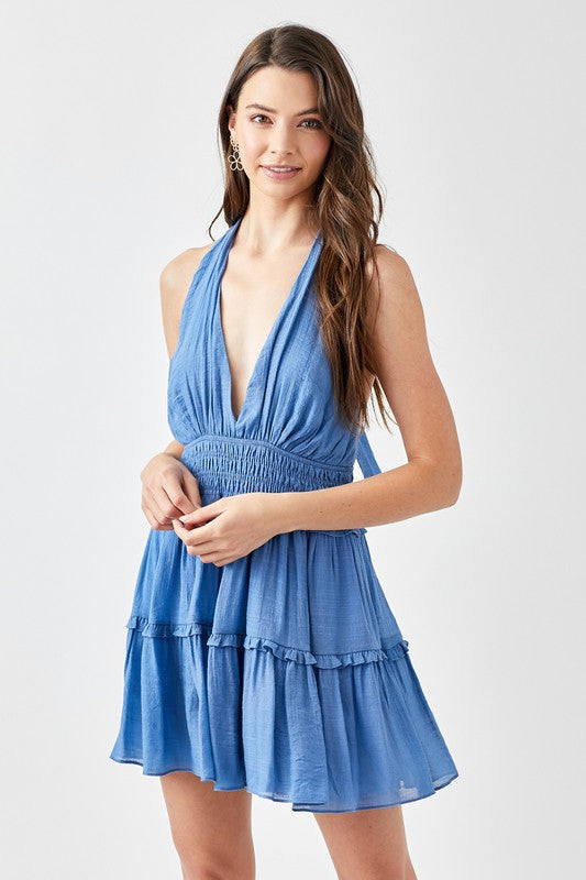 HALTER NECK SMOCKED RUFFLE DRESS