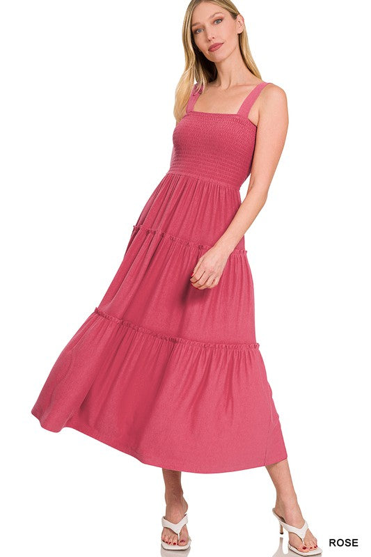 SMOCKED TIERED MIDI DRESS